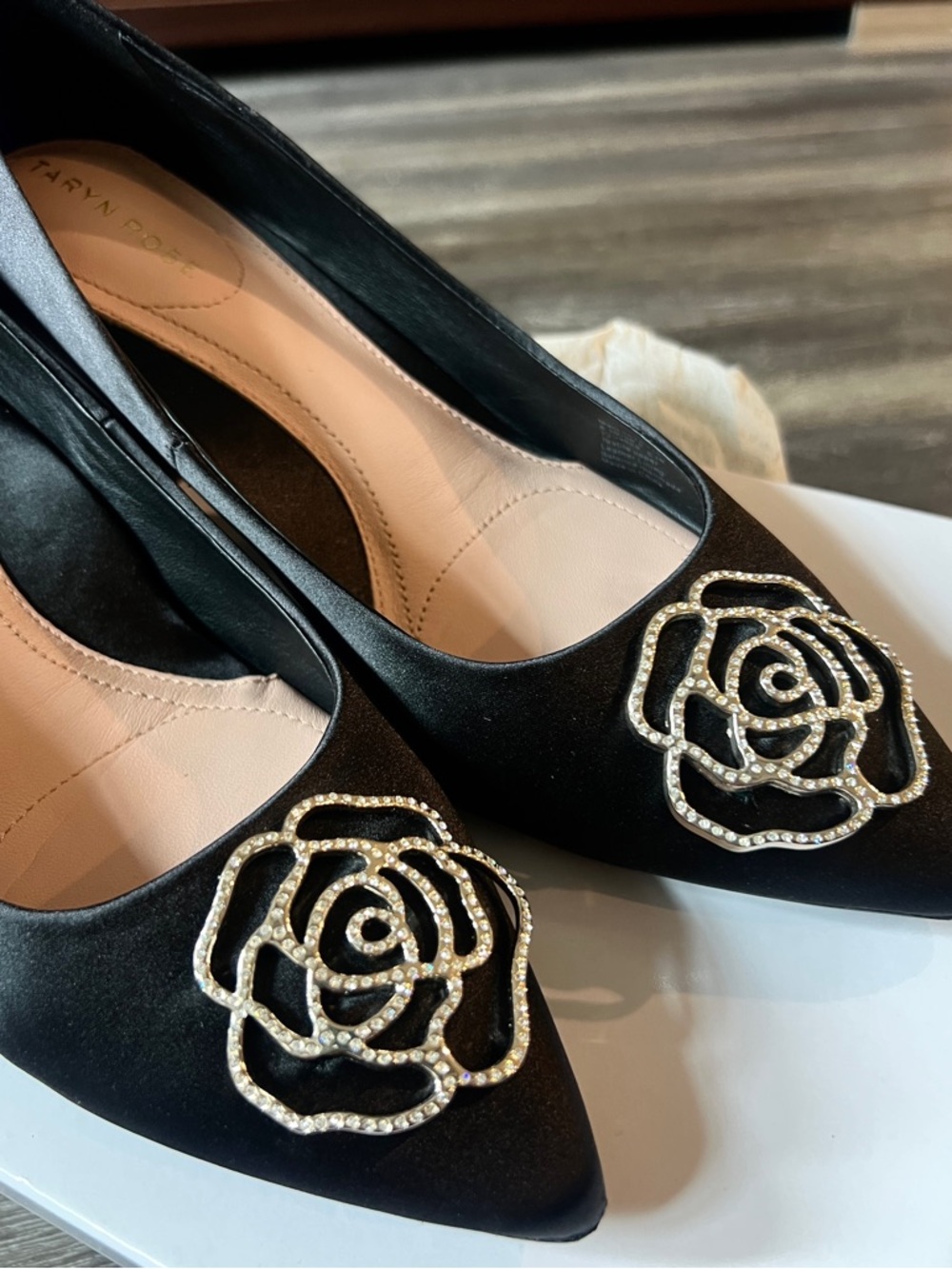 Black Satin Pointed Toe Pumps with Floral Crystal Accent